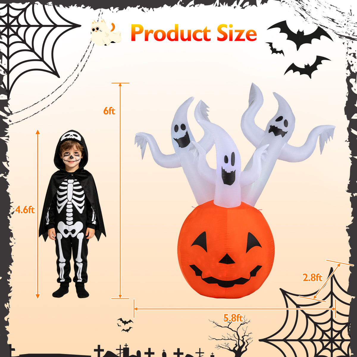 6 FT Inflatable Ghost Pumpkin with Colorful Lights and 2 Wind Ropes for Halloween