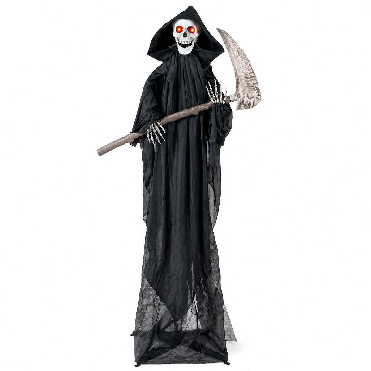 Full-length black-robed grim reaper holds a scythe against a plain white background.
