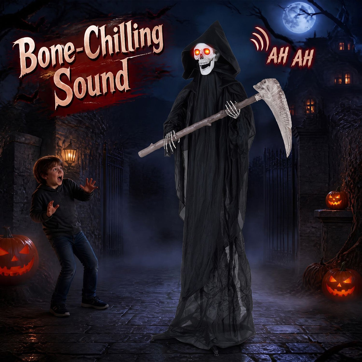 Red-eyed hooded skeleton holding a scythe looms over a startled child on a foggy, pumpkin-lit street.