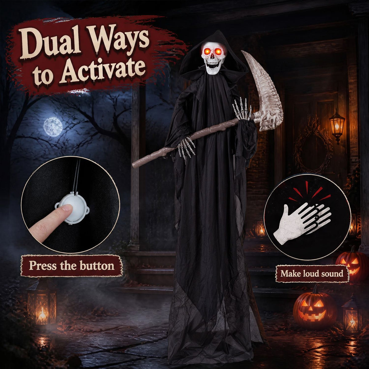 Hooded skeleton stands between circular insets showing a finger pressing a button and a hand making sound waves.
