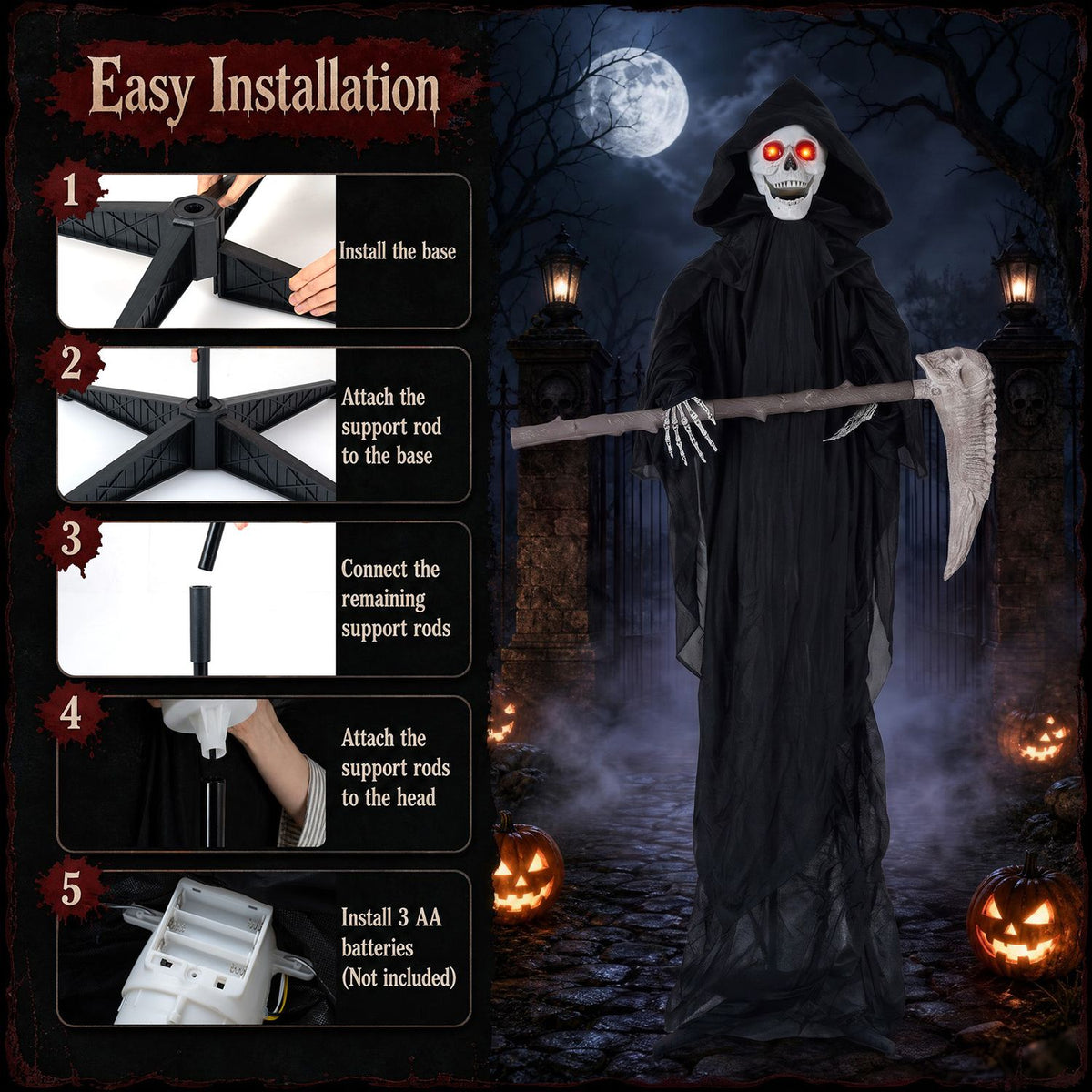 Hooded skeleton holding a scythe appears beside five illustrated assembly steps and a battery compartment.