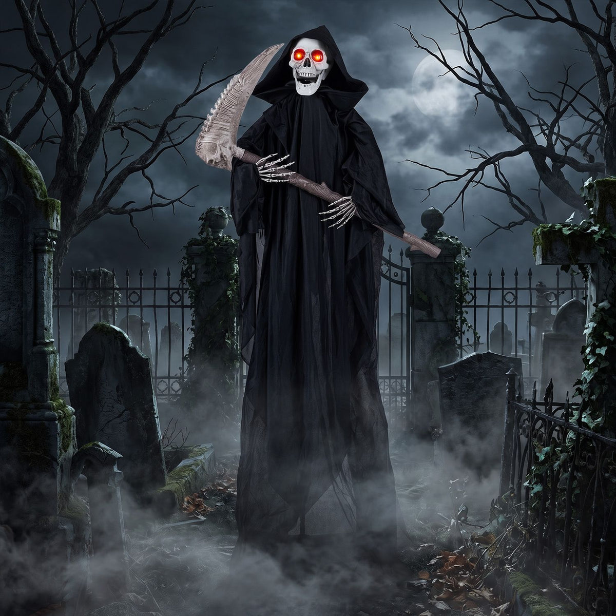 Grim reaper holding a scythe stands amid fog and gravestones in a moonlit cemetery.