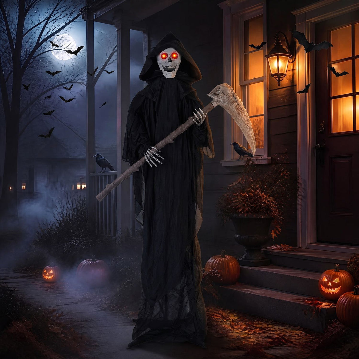 Hooded grim reaper with glowing red eyes and a scythe stands on a Halloween-decorated porch.