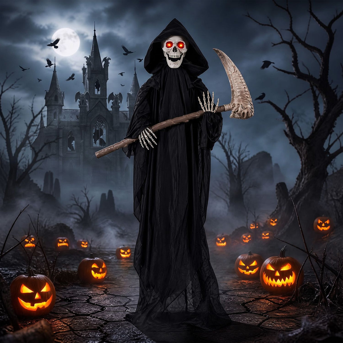 Hooded skeleton with glowing red eyes holds a scythe among glowing pumpkins in a moonlit graveyard.