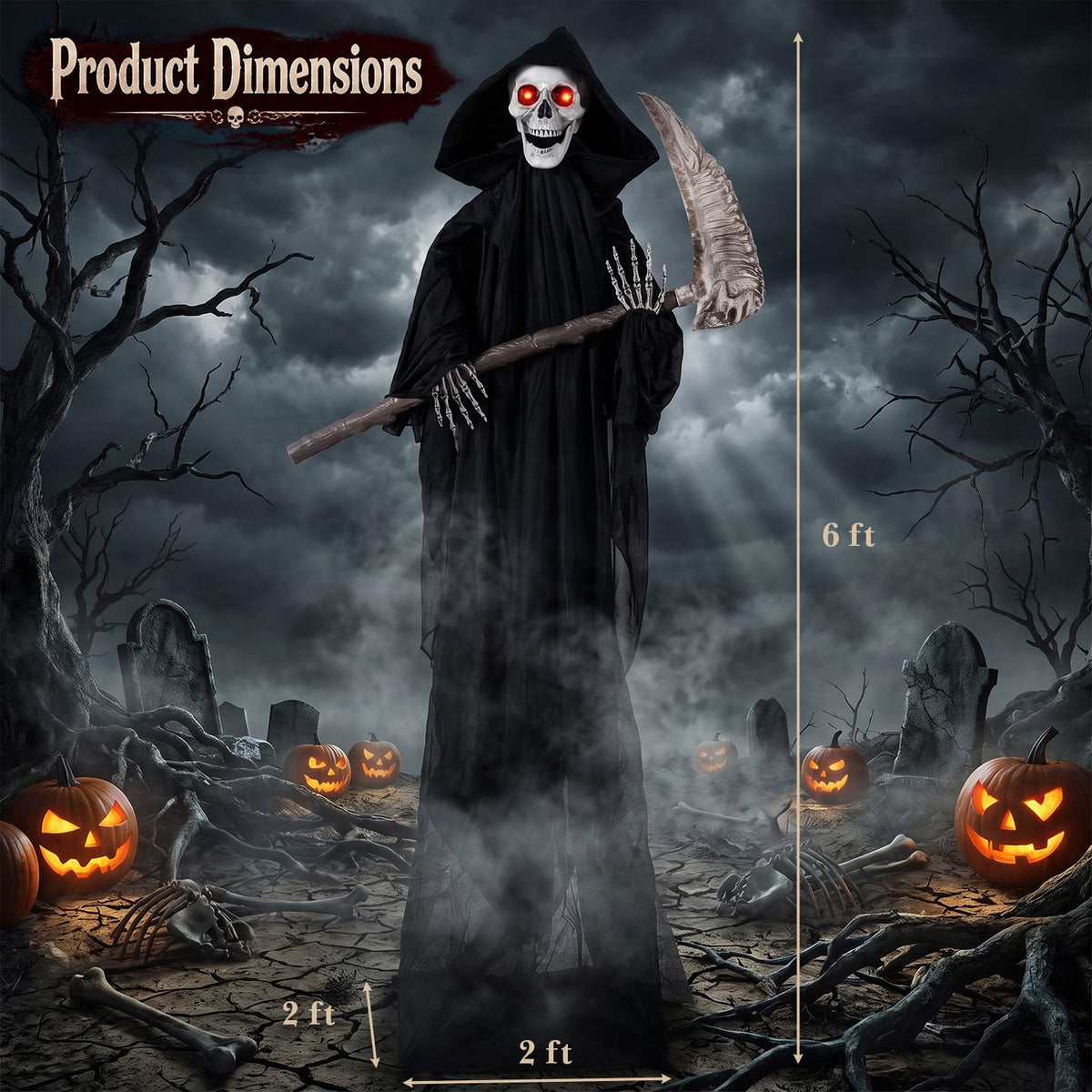 Grim reaper with scythe shown with height and base measurement arrows.