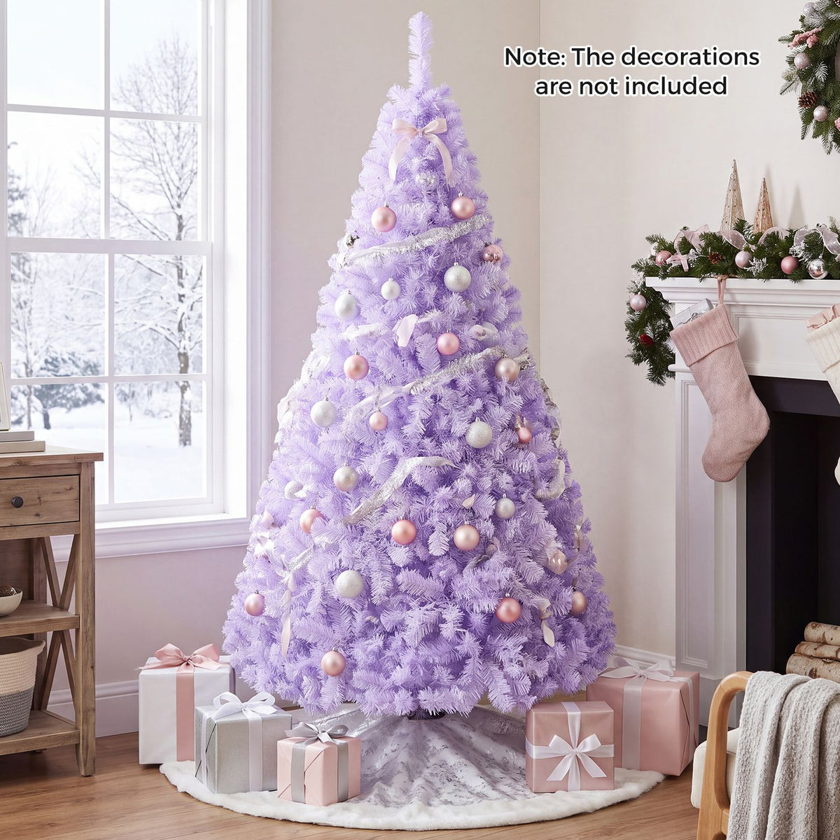 Lavender artificial Christmas tree decorated with pastel ornaments beside a window and fireplace.
