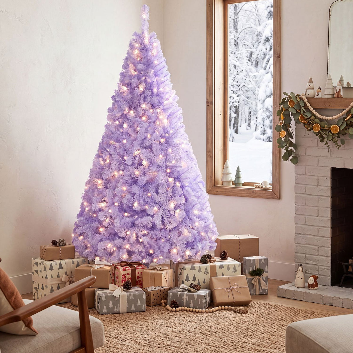 Glowing lavender Christmas tree surrounded by wrapped presents in a cozy living room.