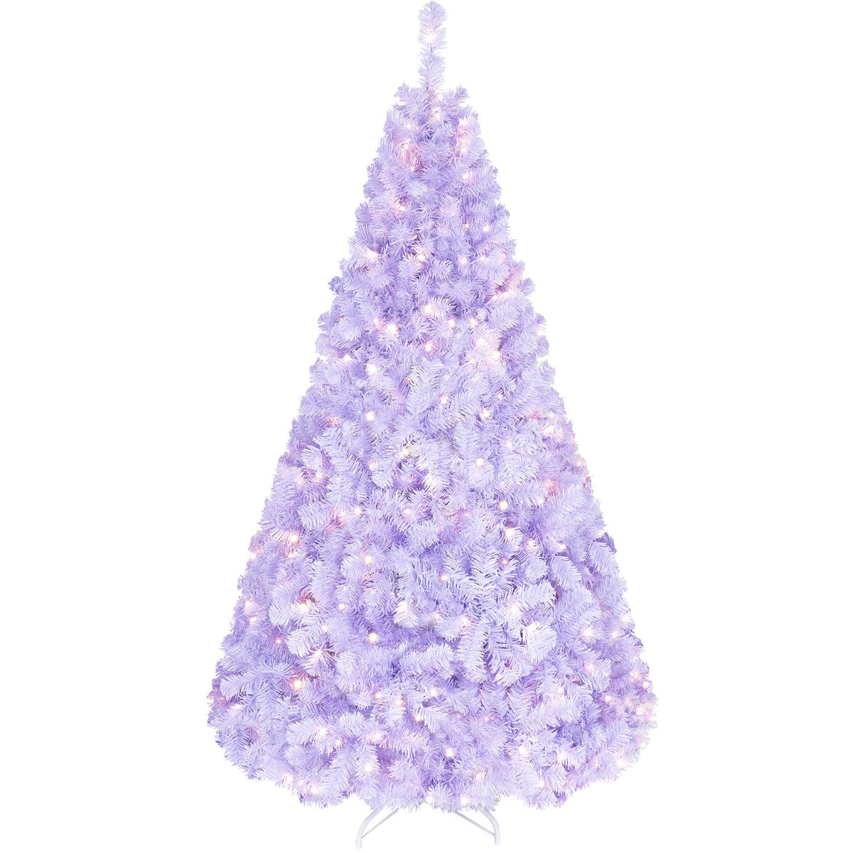 Full lavender artificial Christmas tree with warm lights on a white background.
