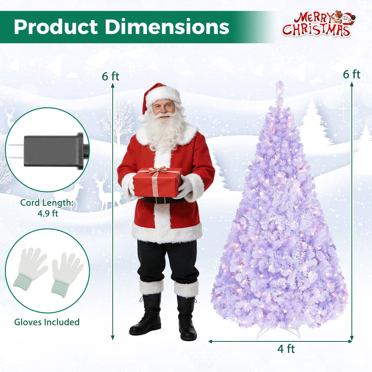 Graphic showing the lit lavender tree beside a person, with size arrows and accessory illustrations.