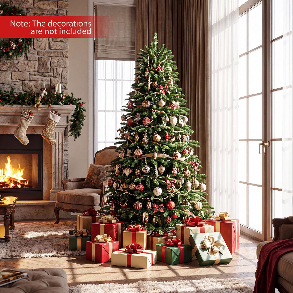 Decorated green Christmas tree and gift boxes in a bright living room