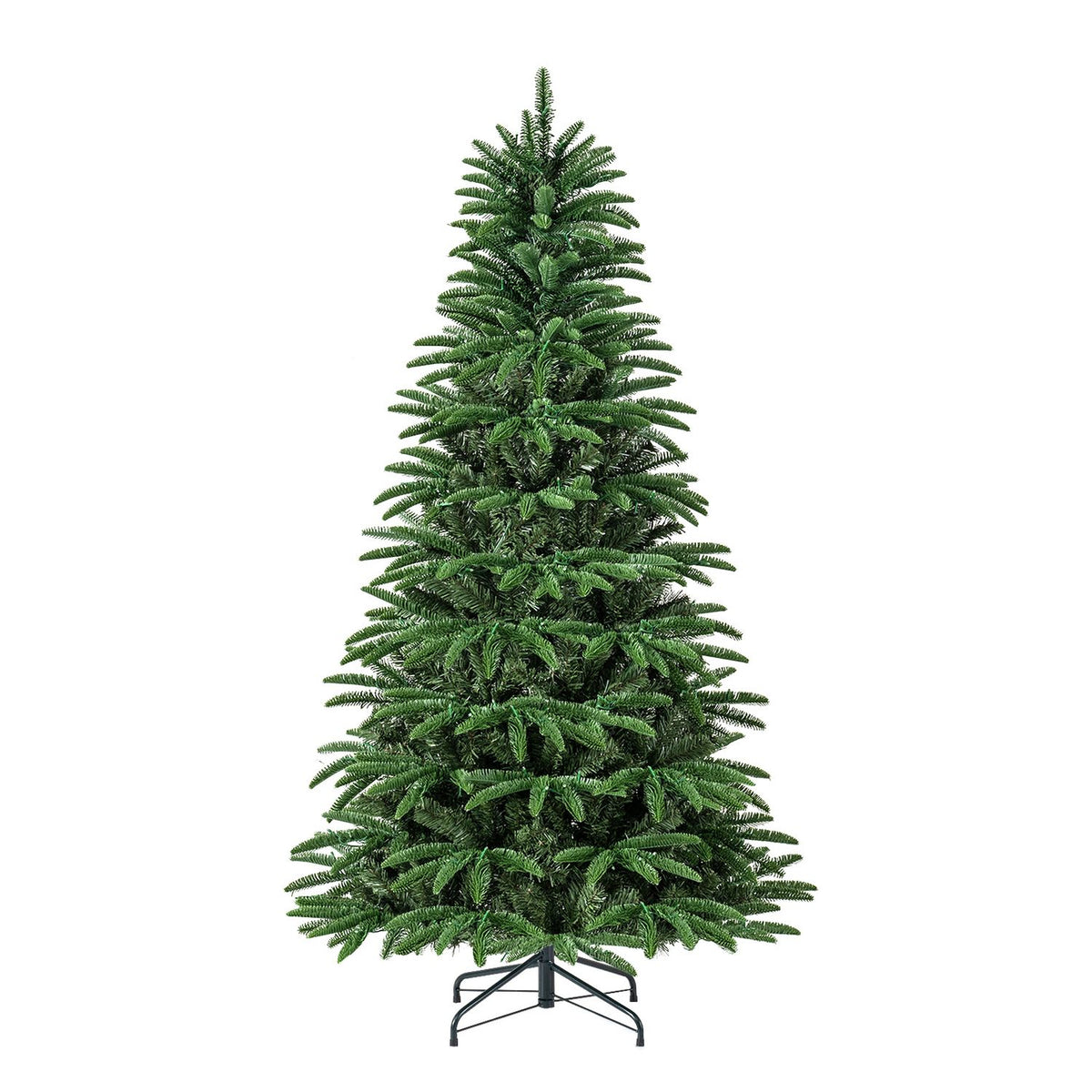 Unlit green artificial Christmas tree shown upright against a white background