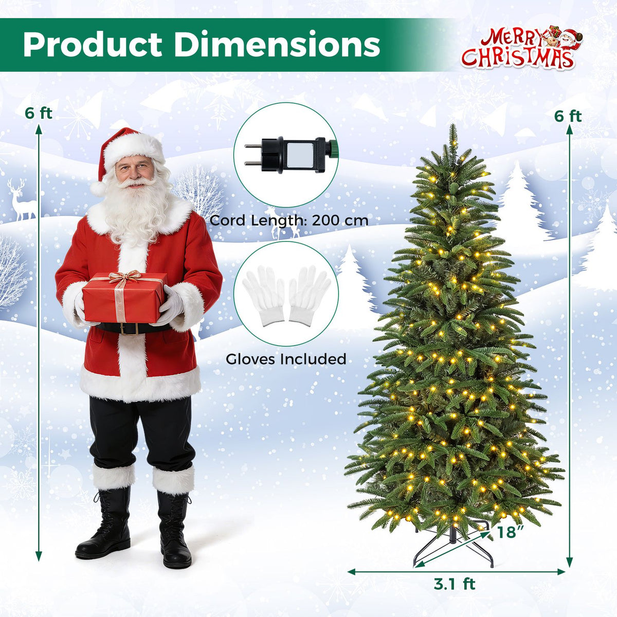 Lit artificial tree beside a product dimensions graphic and glove illustration