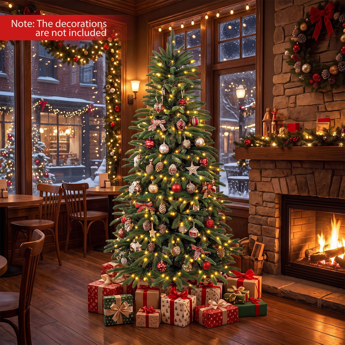 Decorated Christmas tree and wrapped gift boxes in a rustic room