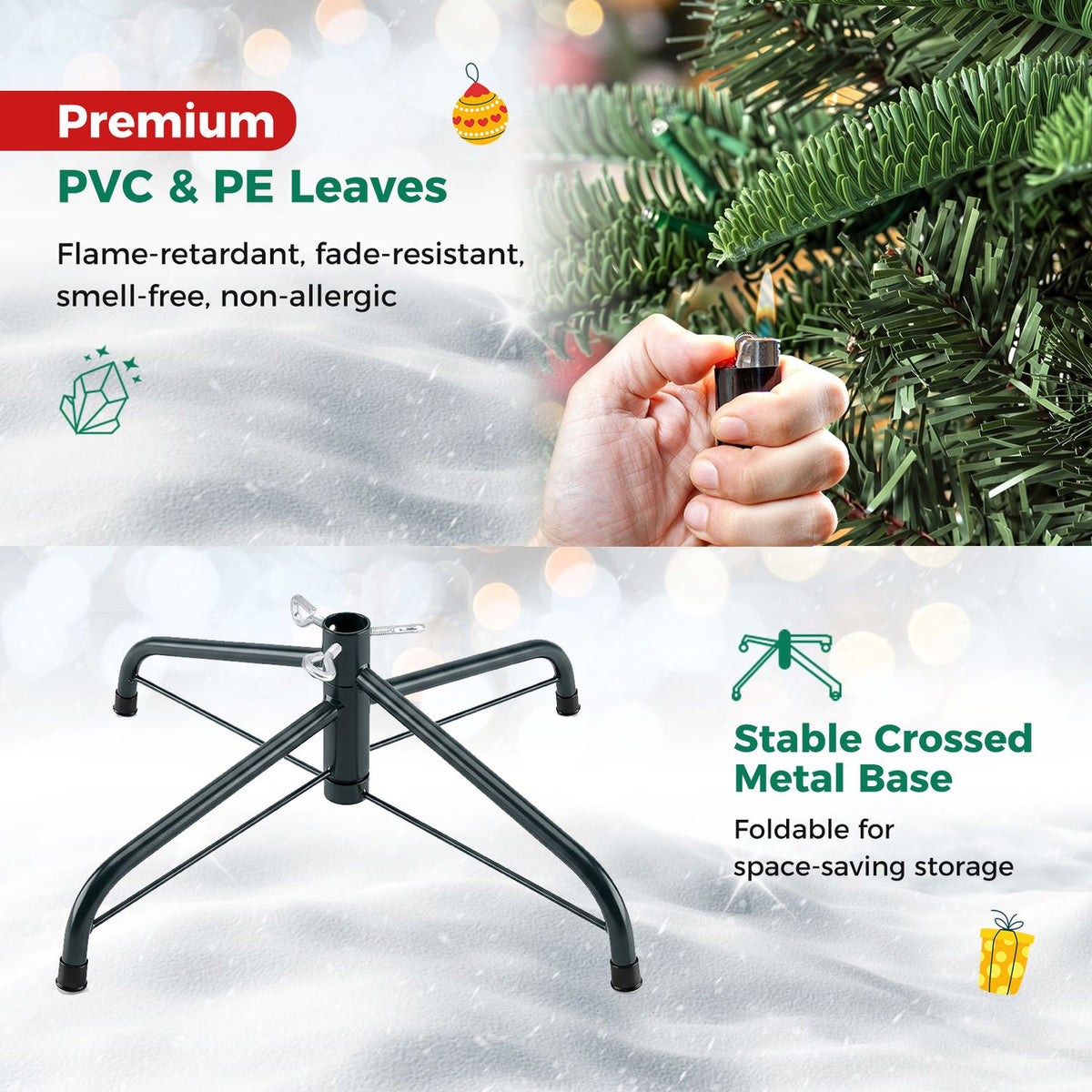 Close-ups show a hand holding the tree’s plug and a crossed metal stand beneath artificial branches.