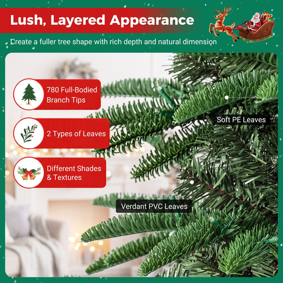 Layered green artificial branches fill the frame, showing different leaf shapes and textures.