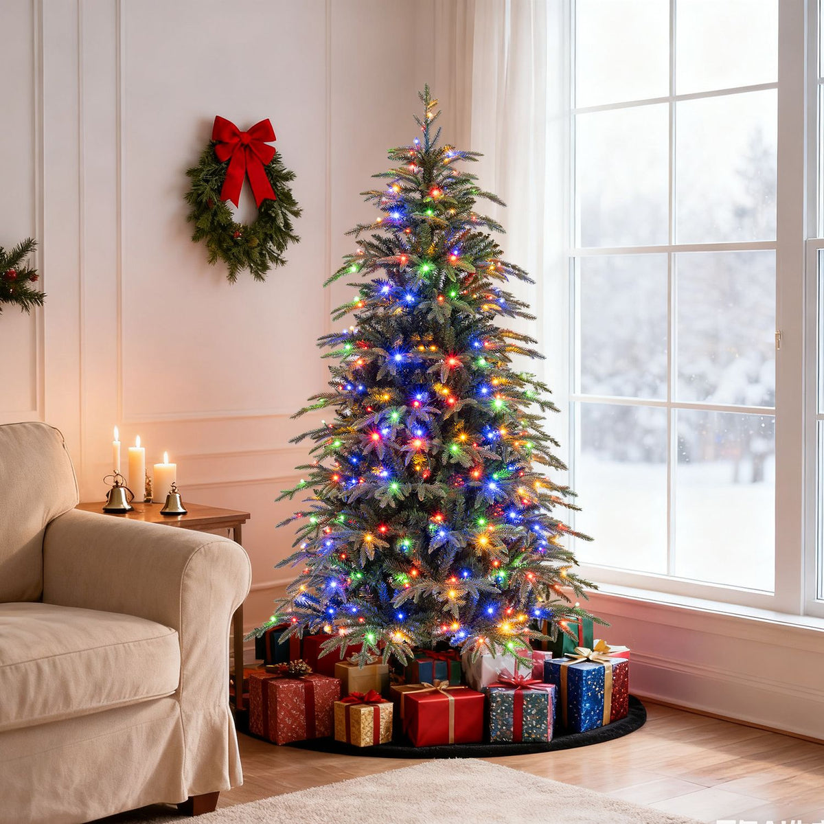 A multicolored-lit Christmas tree stands beside a window, surrounded by wrapped gifts.
