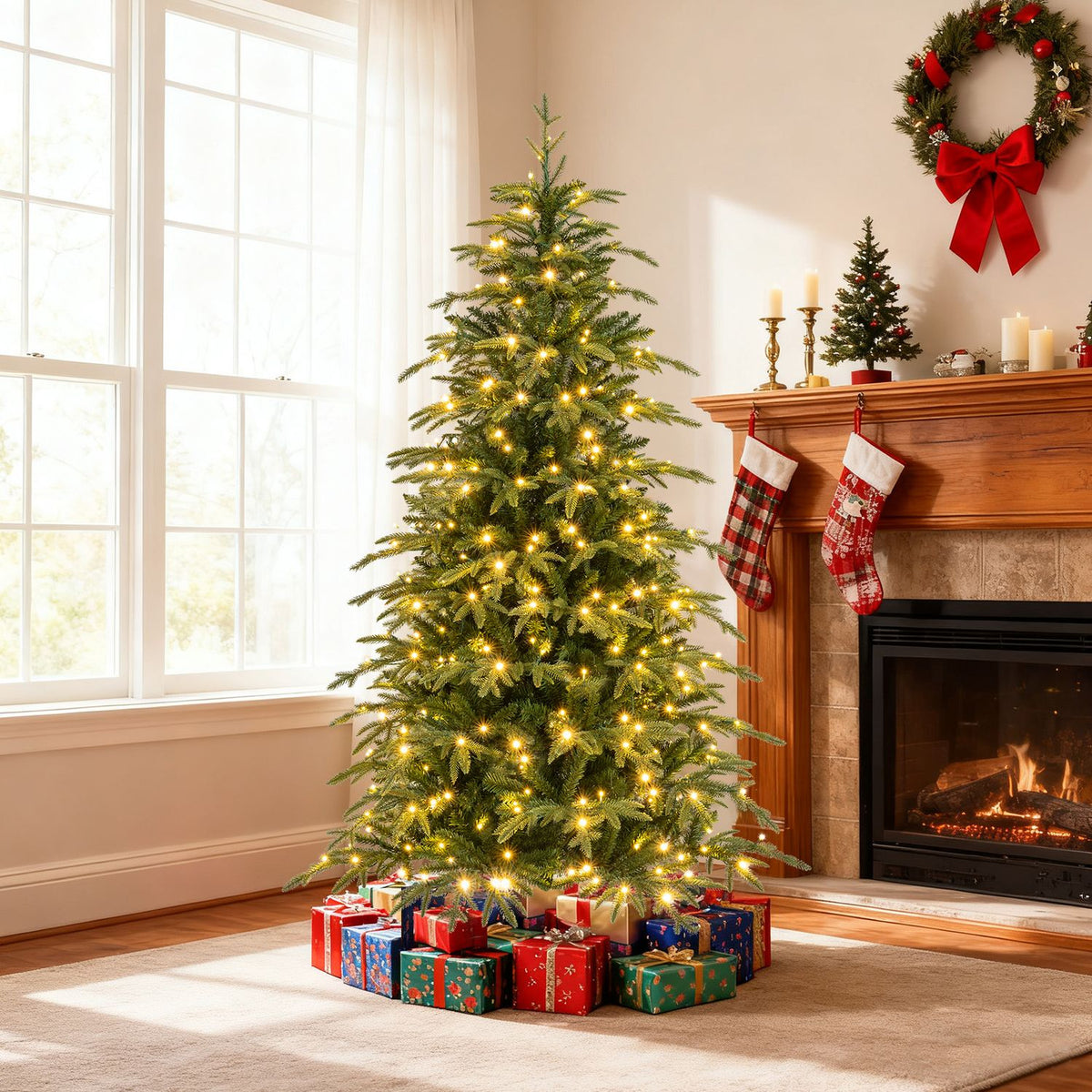 A Christmas tree glowing with warm white lights stands by a fireplace and presents.