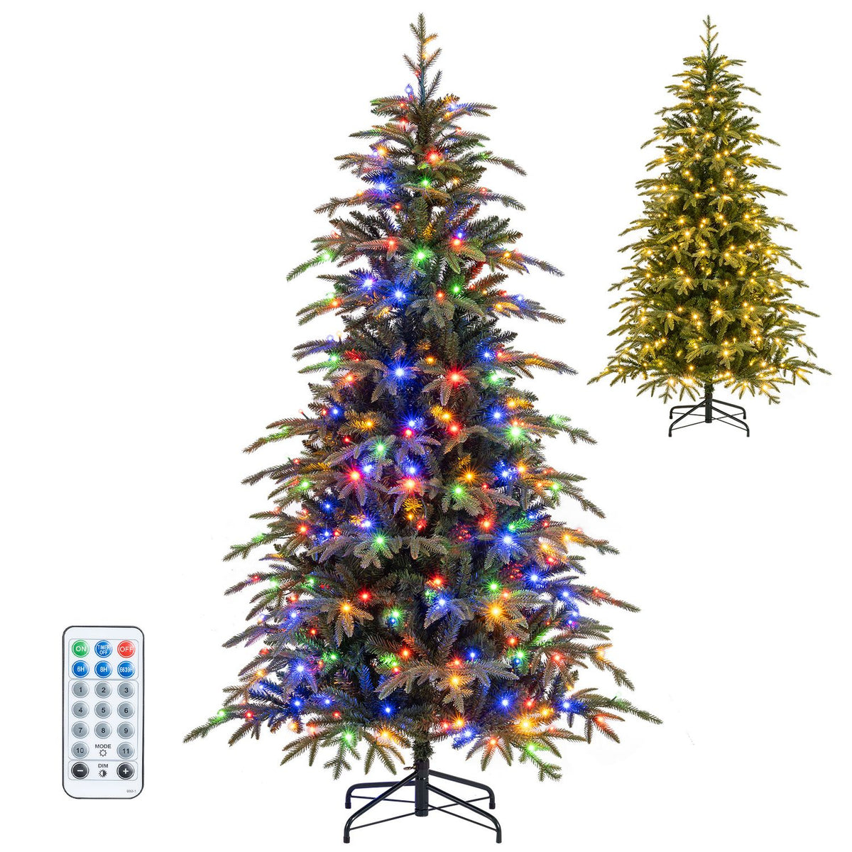 A multicolored-lit tree with its stand and remote is shown alongside a smaller warm-lit view.