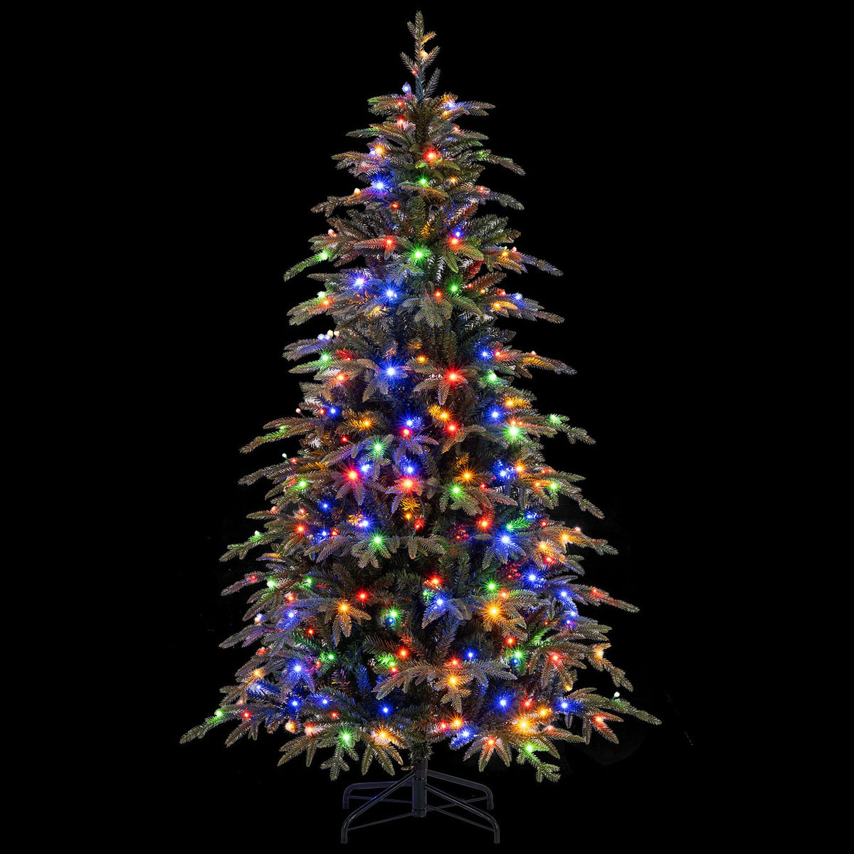 A multicolored-lit Christmas tree with a dark metal stand against a black background.