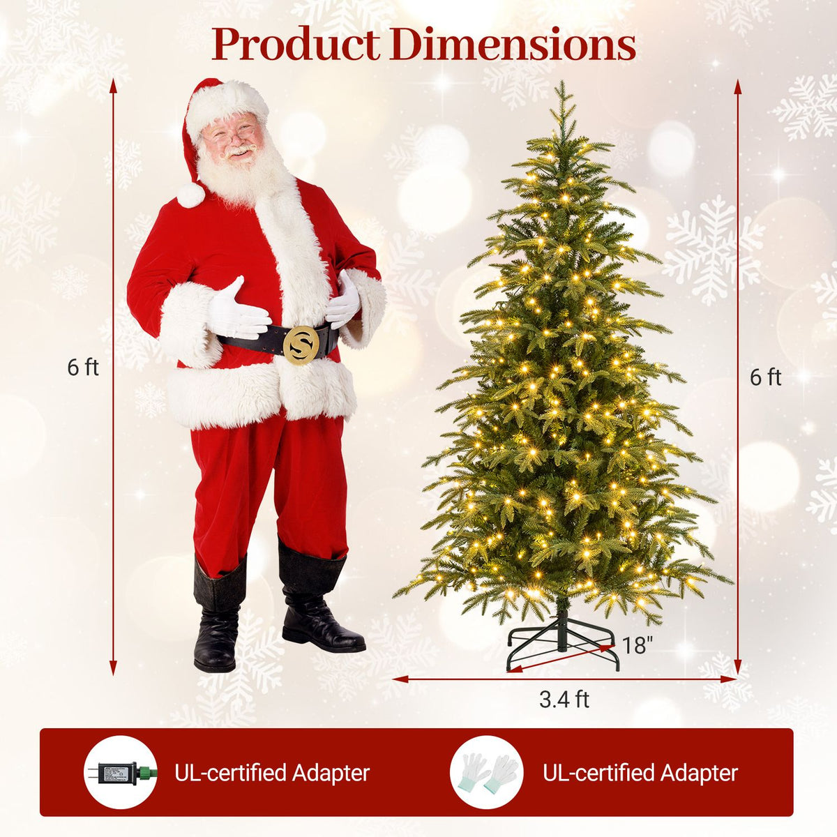 Lit artificial tree beside a Santa figure, with arrows showing its height and width.