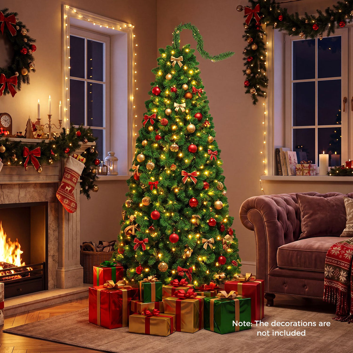 A lit green Christmas tree with a curled top stands among wrapped gifts in a festive living room.
