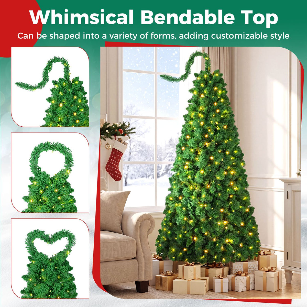 A lit green tree with a curled top is shown beside examples of the top shaped into loops and a heart.