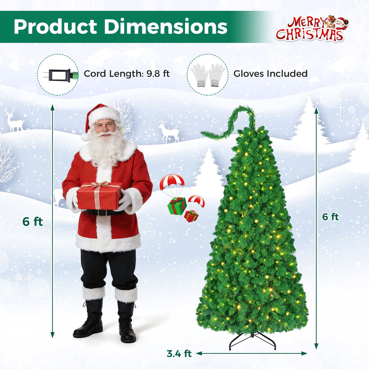 Lit green Christmas tree and a person are shown with arrows indicating the tree’s height and width.