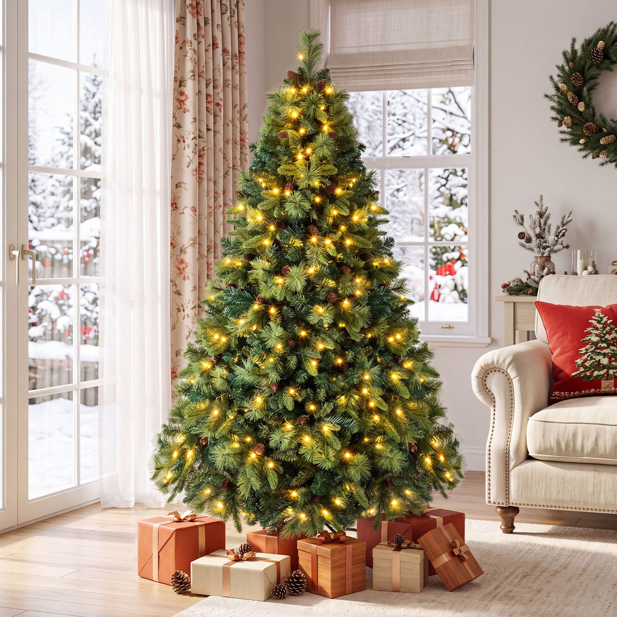 Illuminated Christmas tree among wrapped presents in a bright room with large windows.