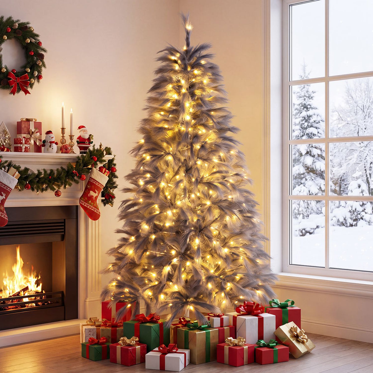7 FT Pre-Lit Christmas Tree with Feather