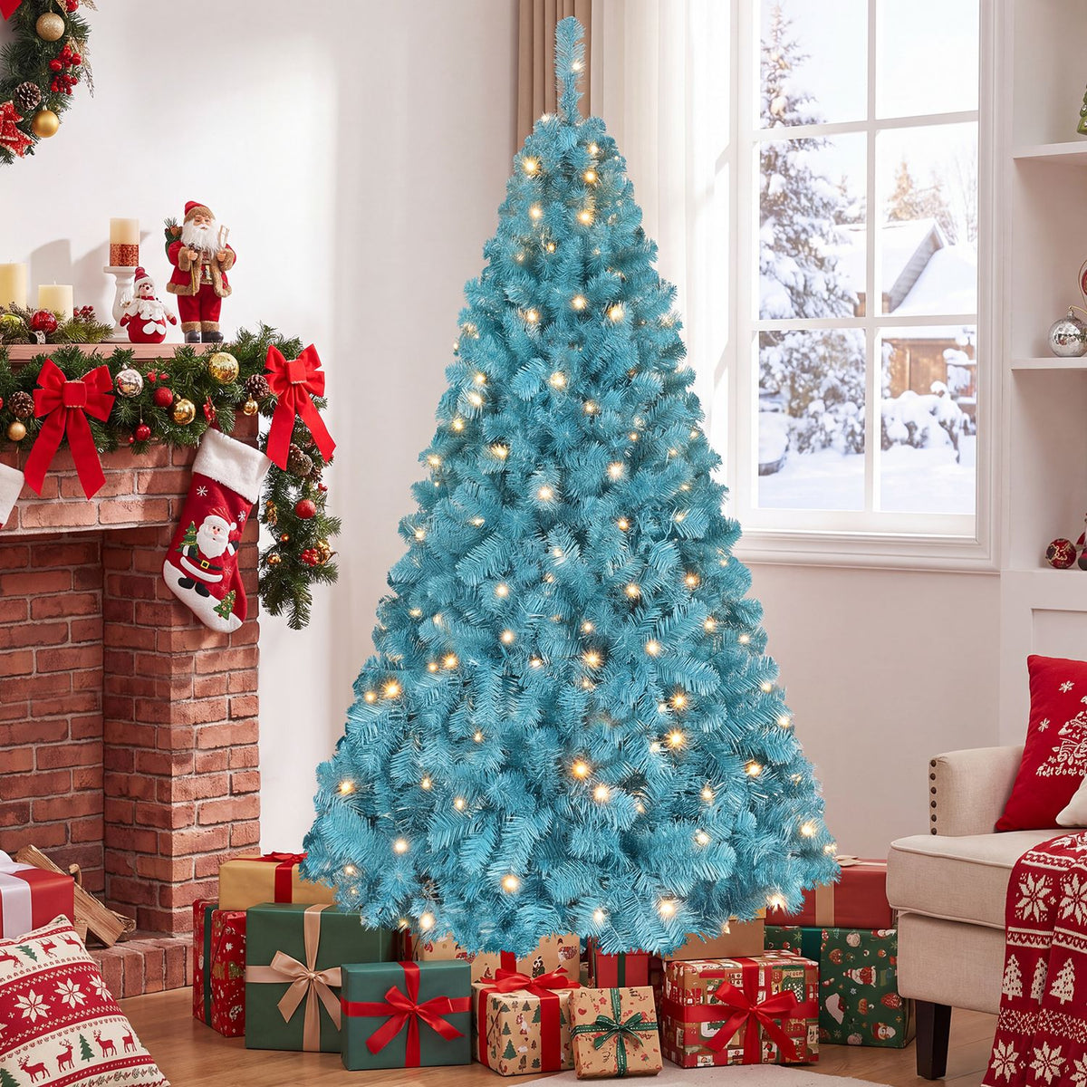 A lit peacock-blue Christmas tree stands among wrapped gifts beside a decorated fireplace.
