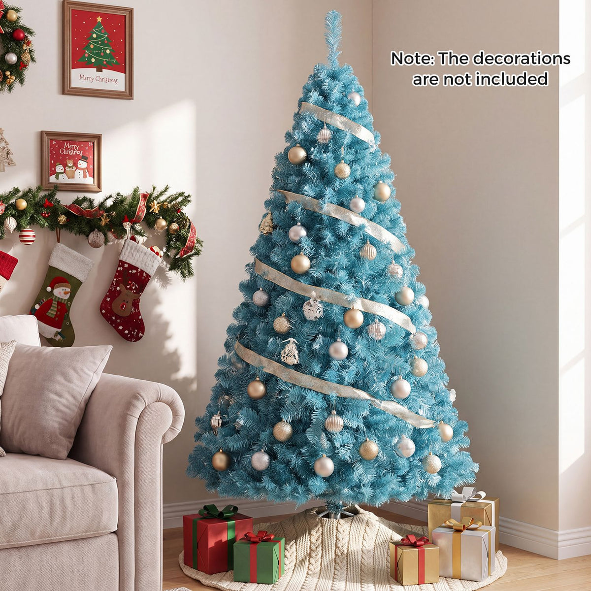 A peacock-blue tree with pale ribbon and ornaments stands beside a sofa and wrapped presents.