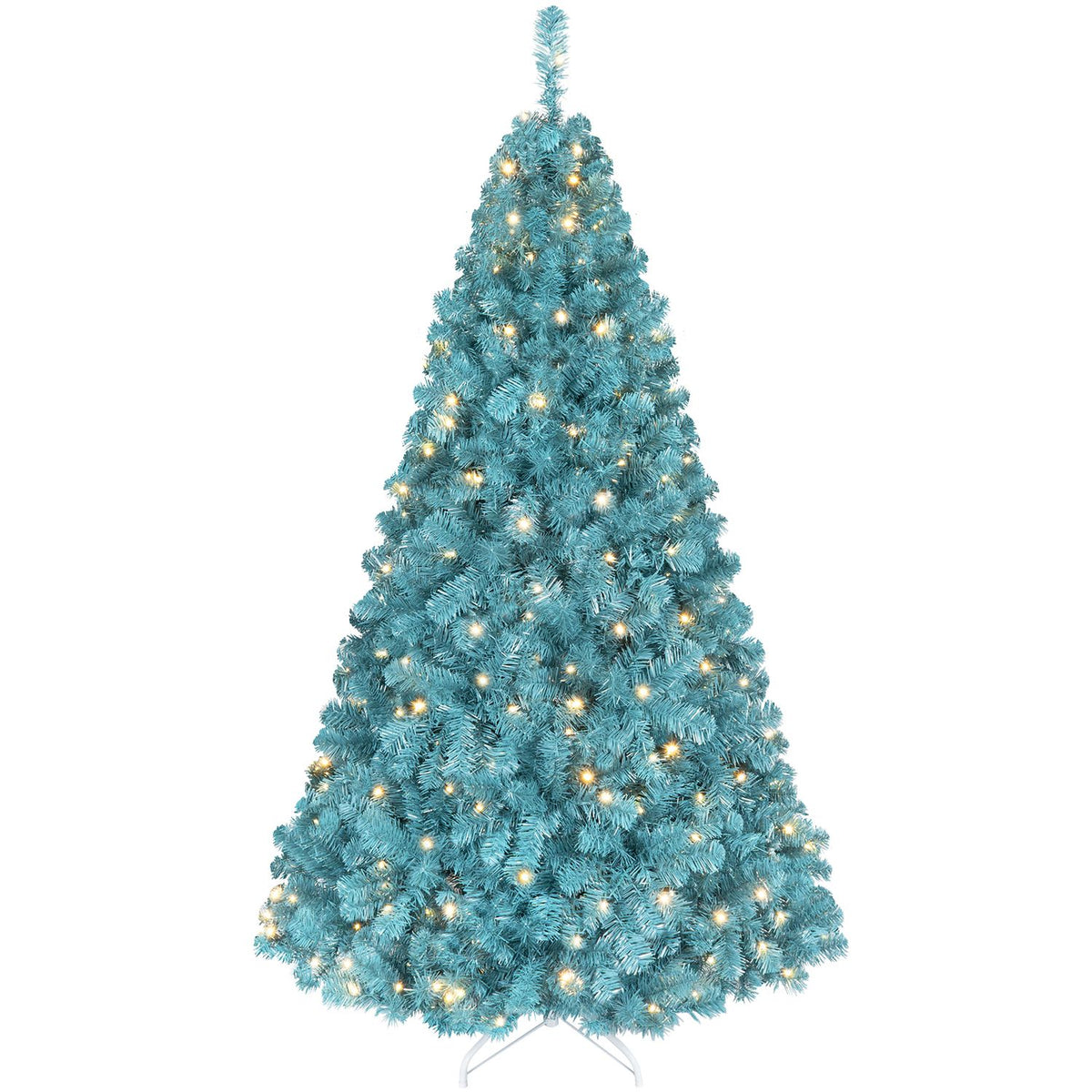 A peacock-blue artificial tree with warm lights is shown against a plain white background.