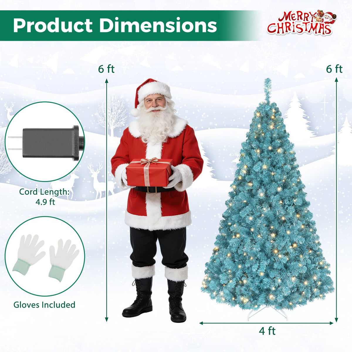 A lit peacock-blue tree is shown beside Santa, with circular insets of a cord and gloves.