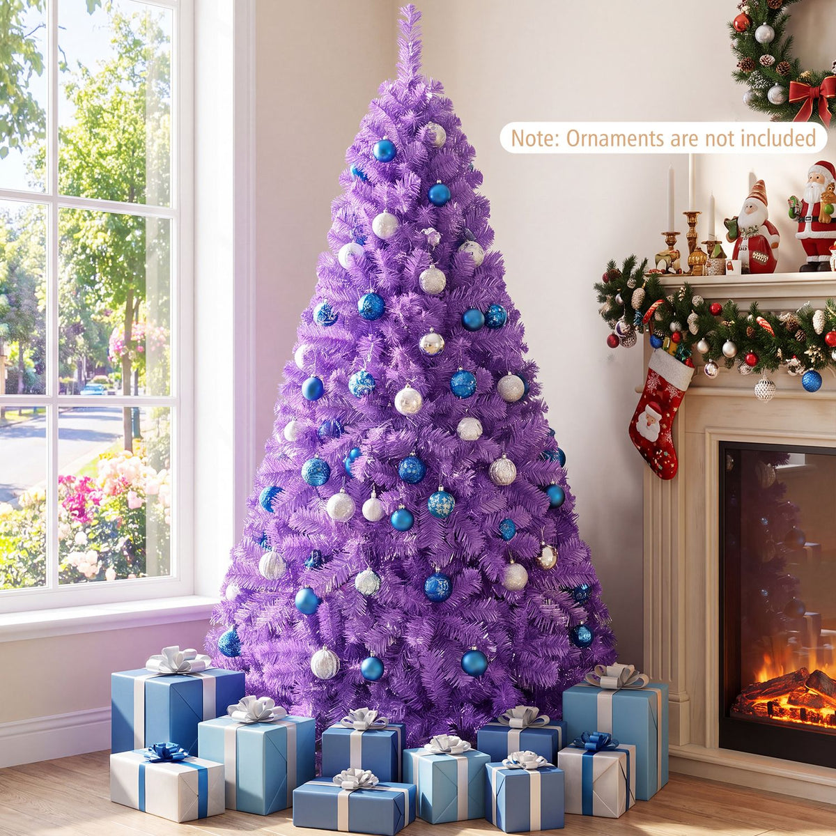 Purple Christmas tree decorated with blue and white ornaments beside a fireplace and wrapped gifts.
