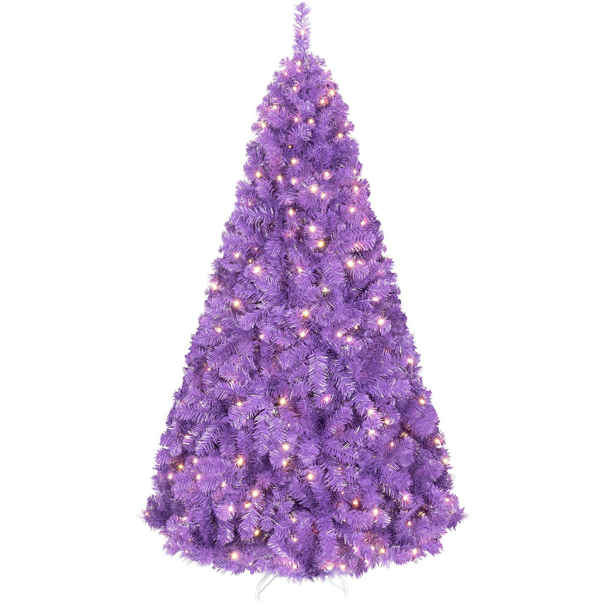 Full purple Christmas tree glowing with warm lights against a white background.