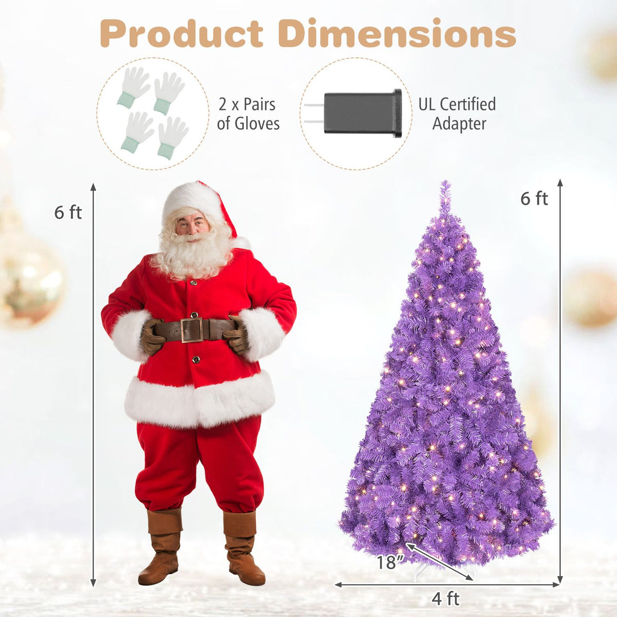Purple illuminated Christmas tree shown beside a Santa figure, with arrows indicating its height and base dimensions.