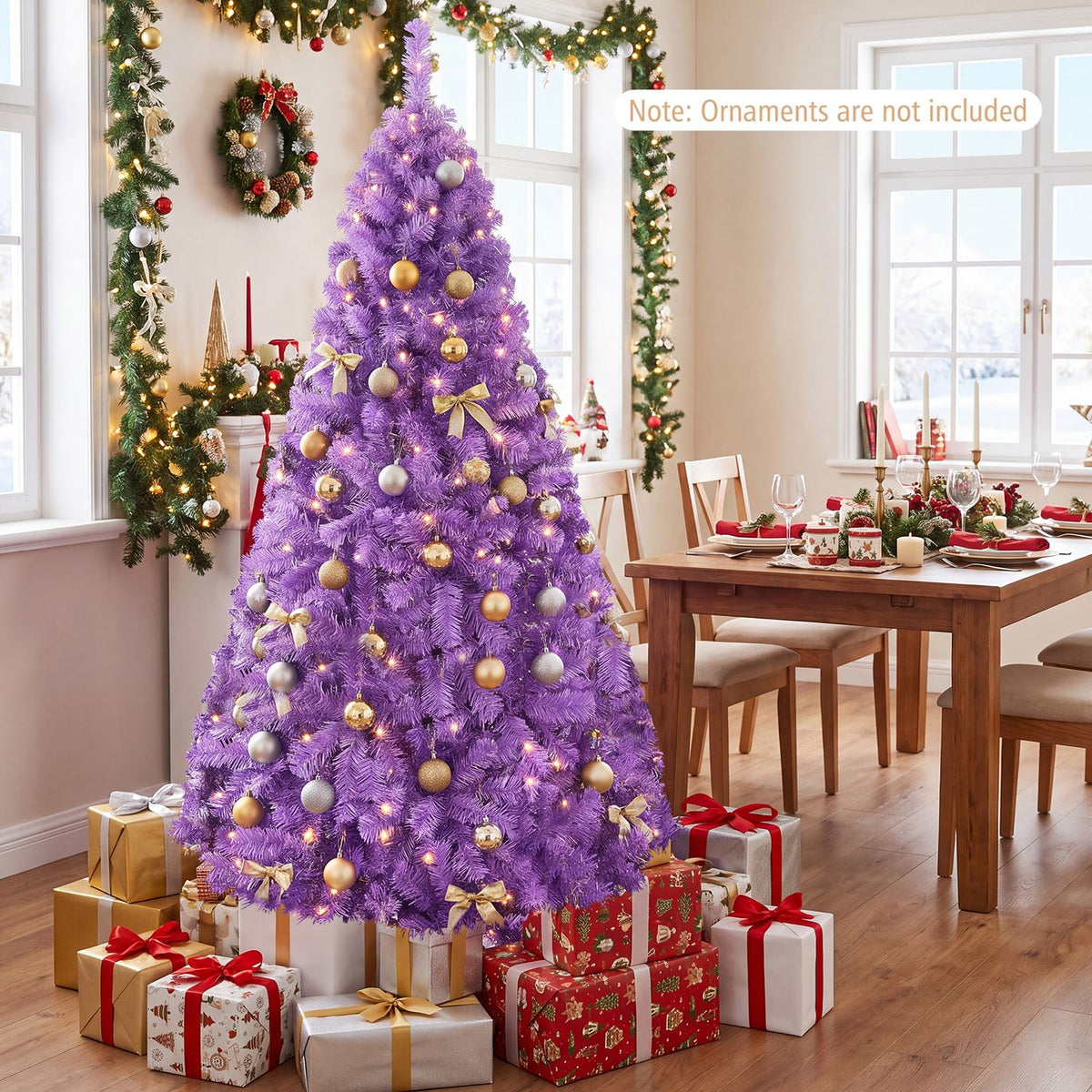 Purple Christmas tree with warm lights and gold ornaments stands among wrapped presents in a festive dining room.