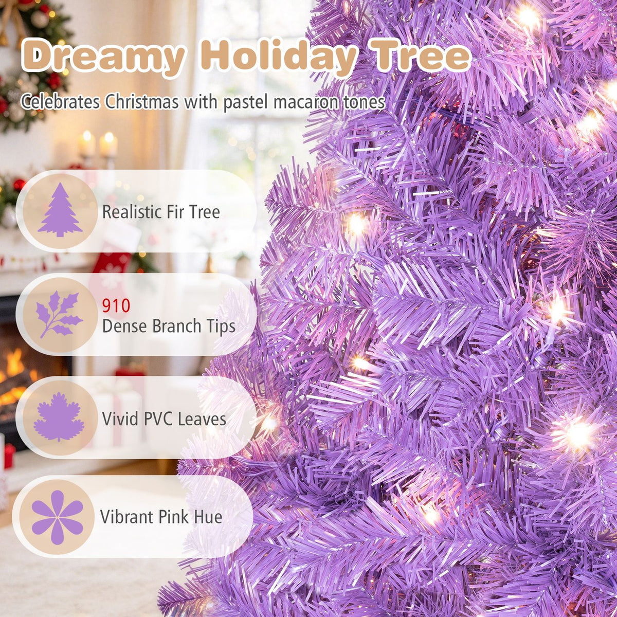 Close-up of purple tree branches glowing with warm lights, with feature callouts along the left side.