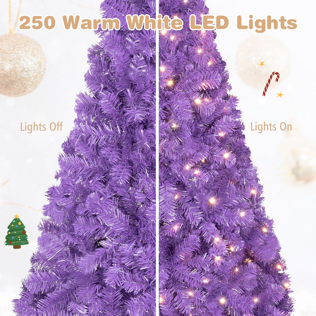 Purple Christmas tree shown split between an unlit view on the left and a warm-lit view on the right.