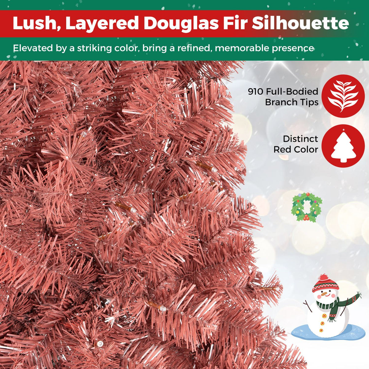 Close-up of dense red artificial tree branches, with small decorative graphics alongside.