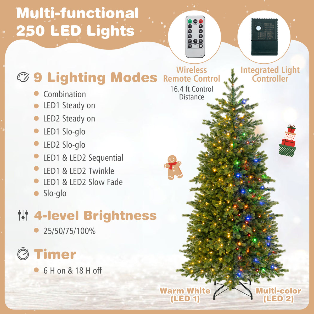 6 FT Pre-lit Christmas Tree with 250/470 Warm White and Multi