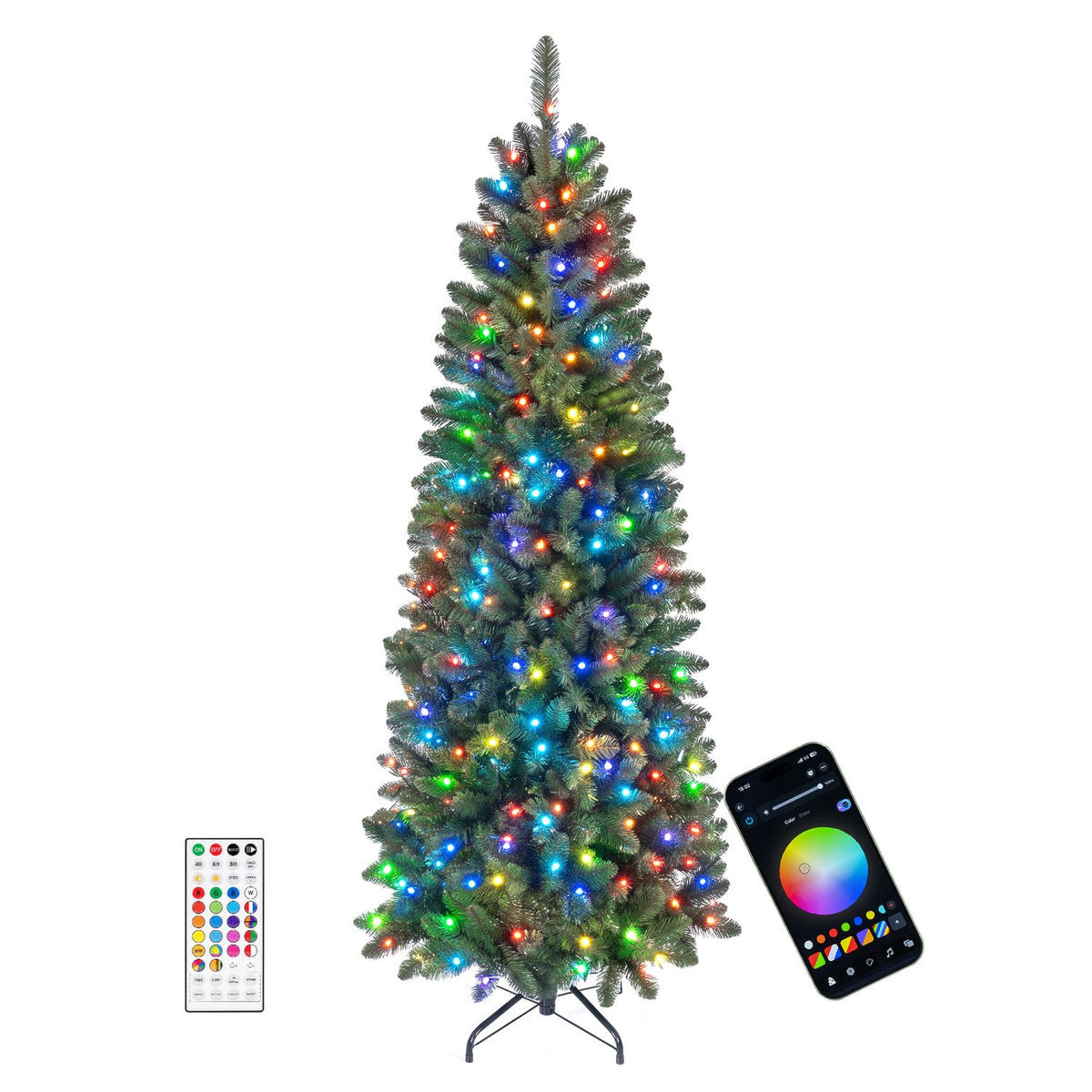 Multicolor-lit green tree shown with a remote and smartphone on white
