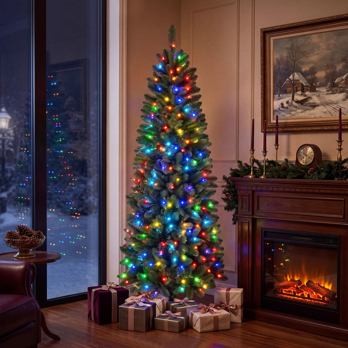 Slim green Christmas tree with multicolor lights beside a fireplace at night