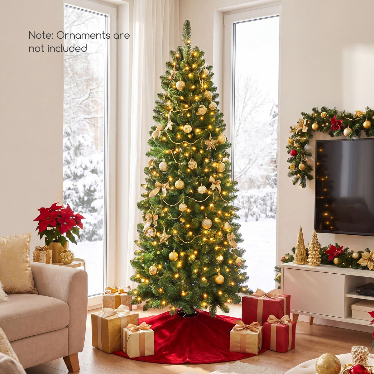 Green Christmas tree glowing with warm lights in a bright living room