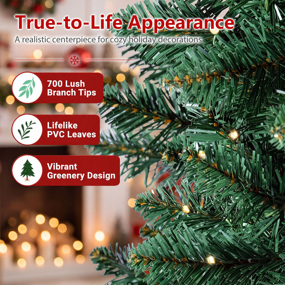 Close view of green Christmas tree branches with small warm lights