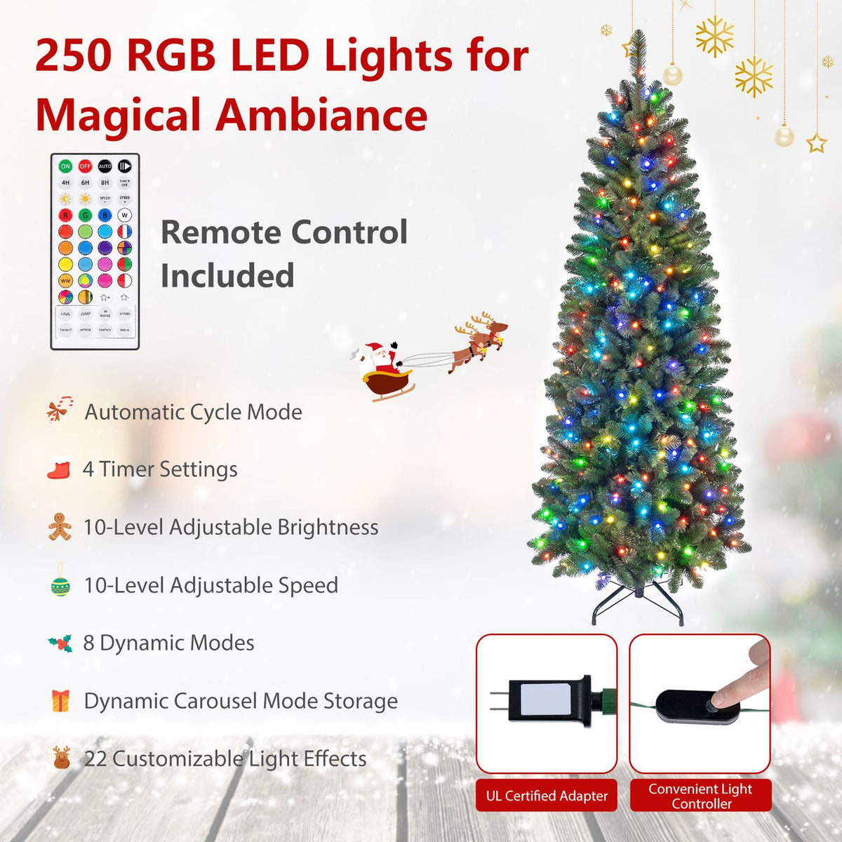 Slim Christmas tree glowing with multicolored lights, alongside a remote and close-ups of its adapter and controller.