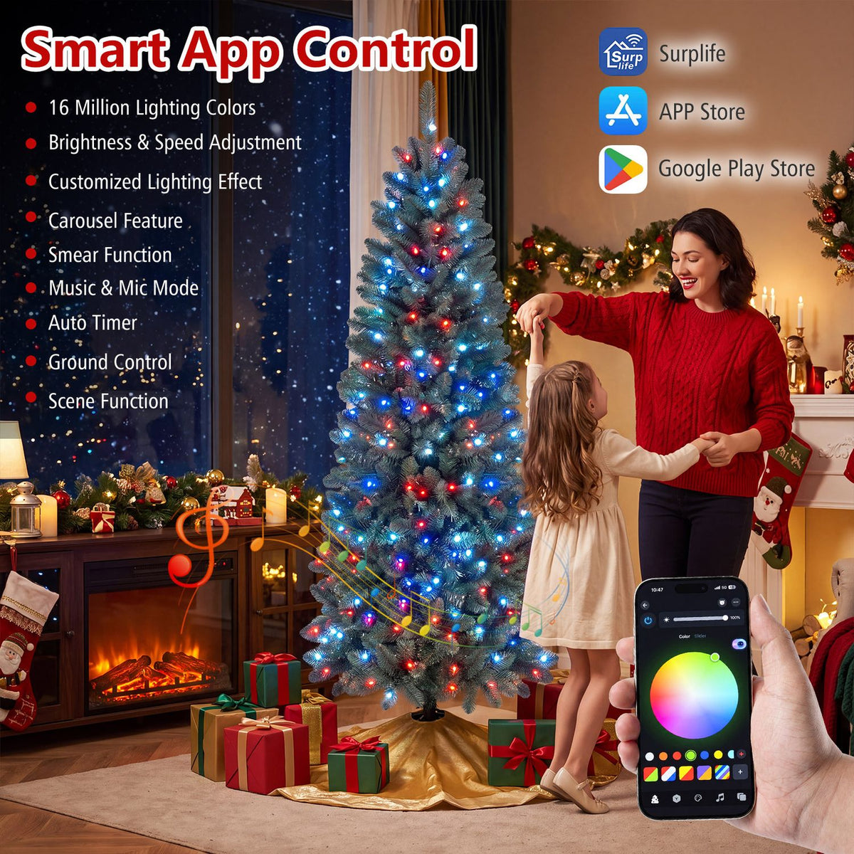 Colorful lit Christmas tree in a decorated living room as a woman and child stand nearby and a phone is shown in front.