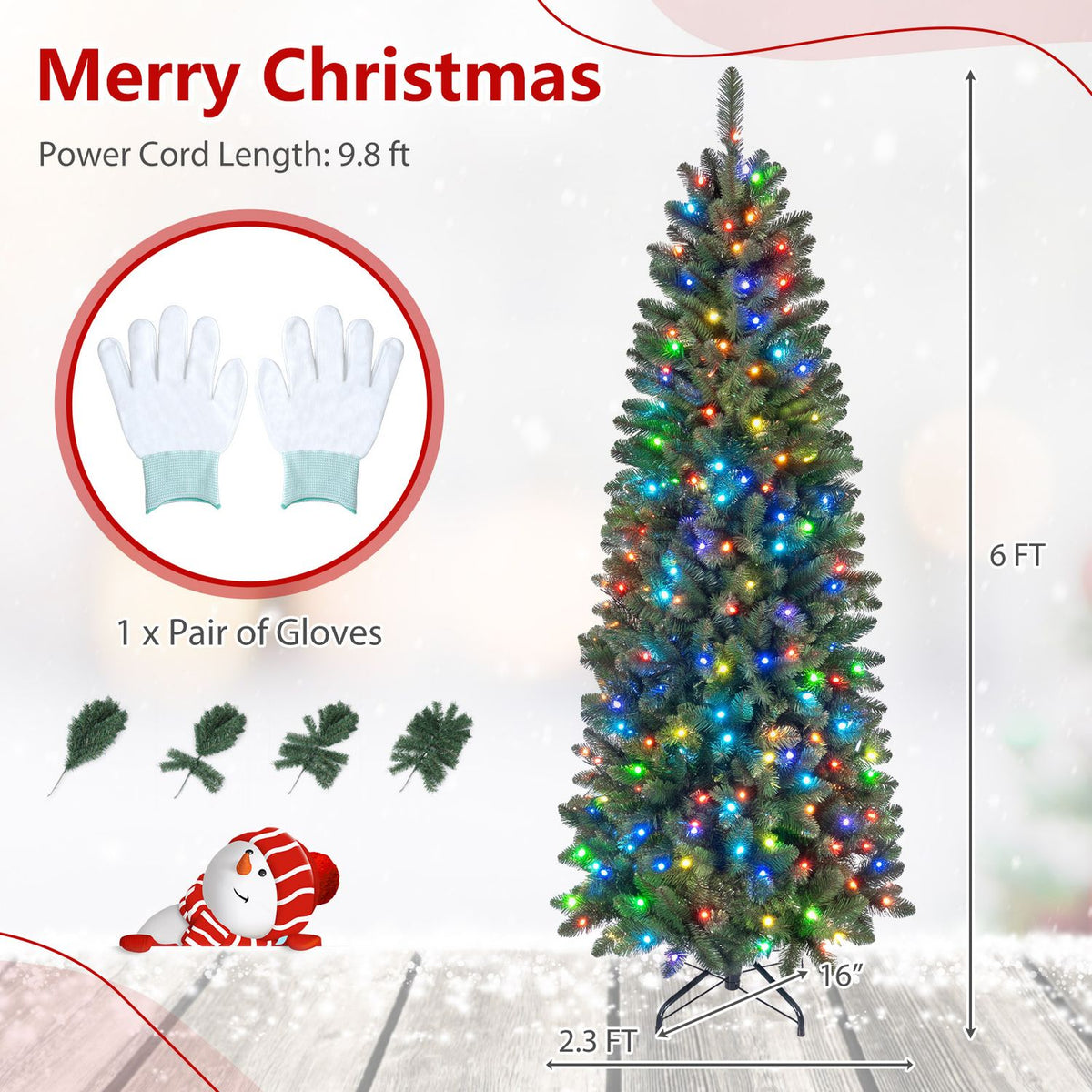 Six-foot green tree with multicolor lights, gloves and size callouts