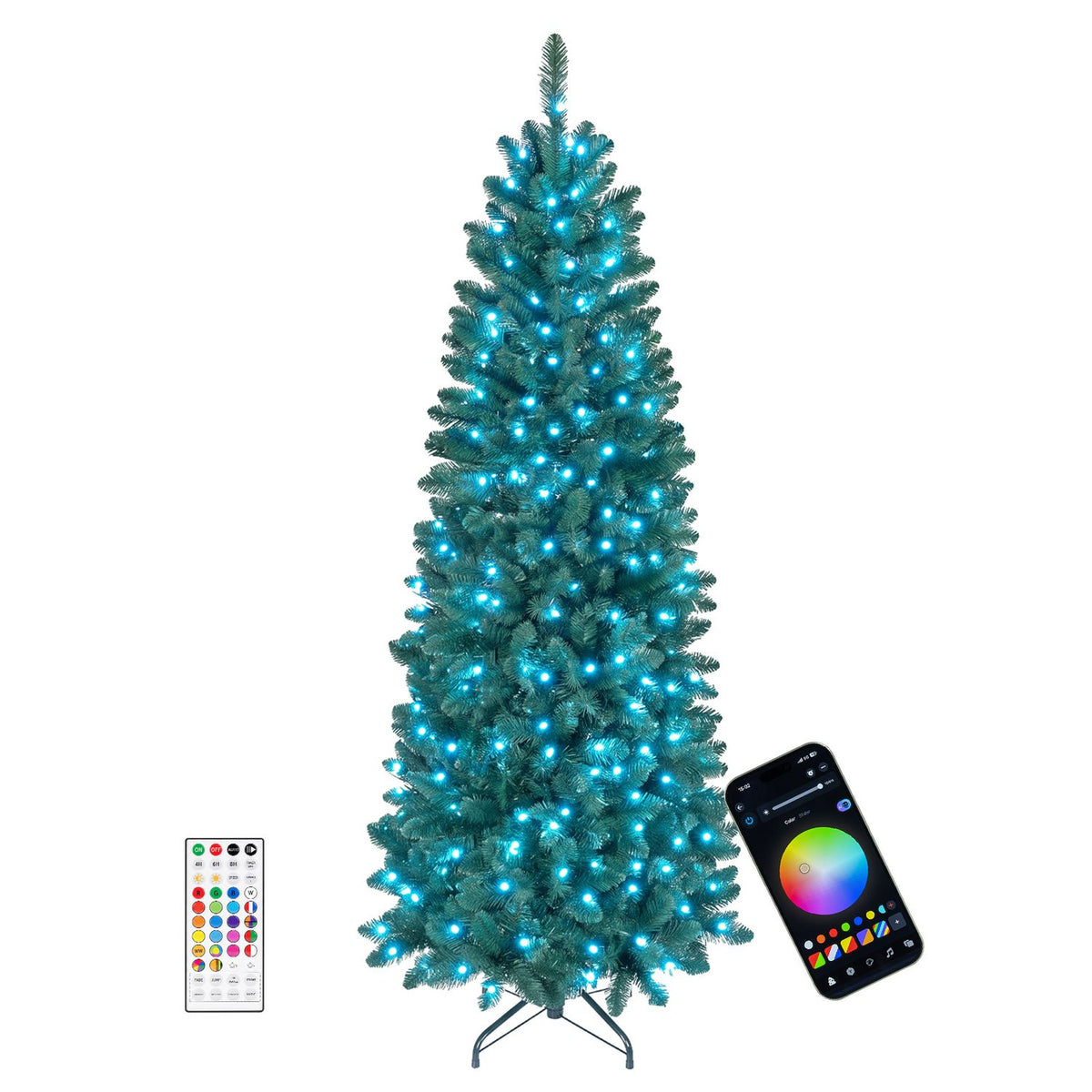 Green Christmas tree glowing with cyan lights beside a remote and phone