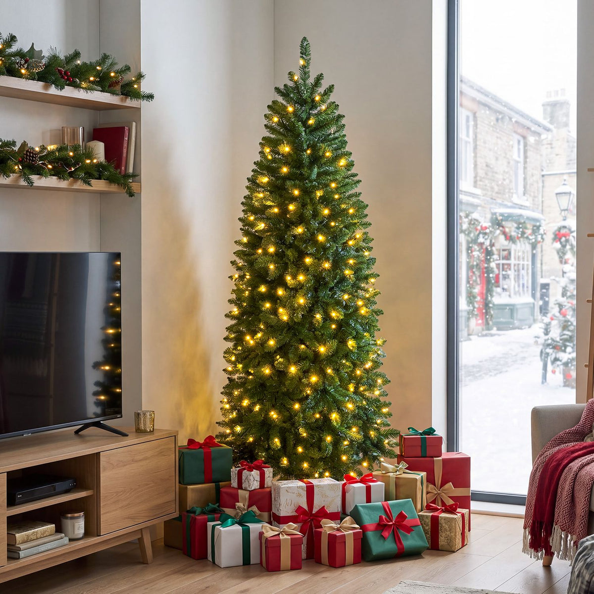 A slim Christmas tree with warm lights and wrapped gifts stands beside a bright window.